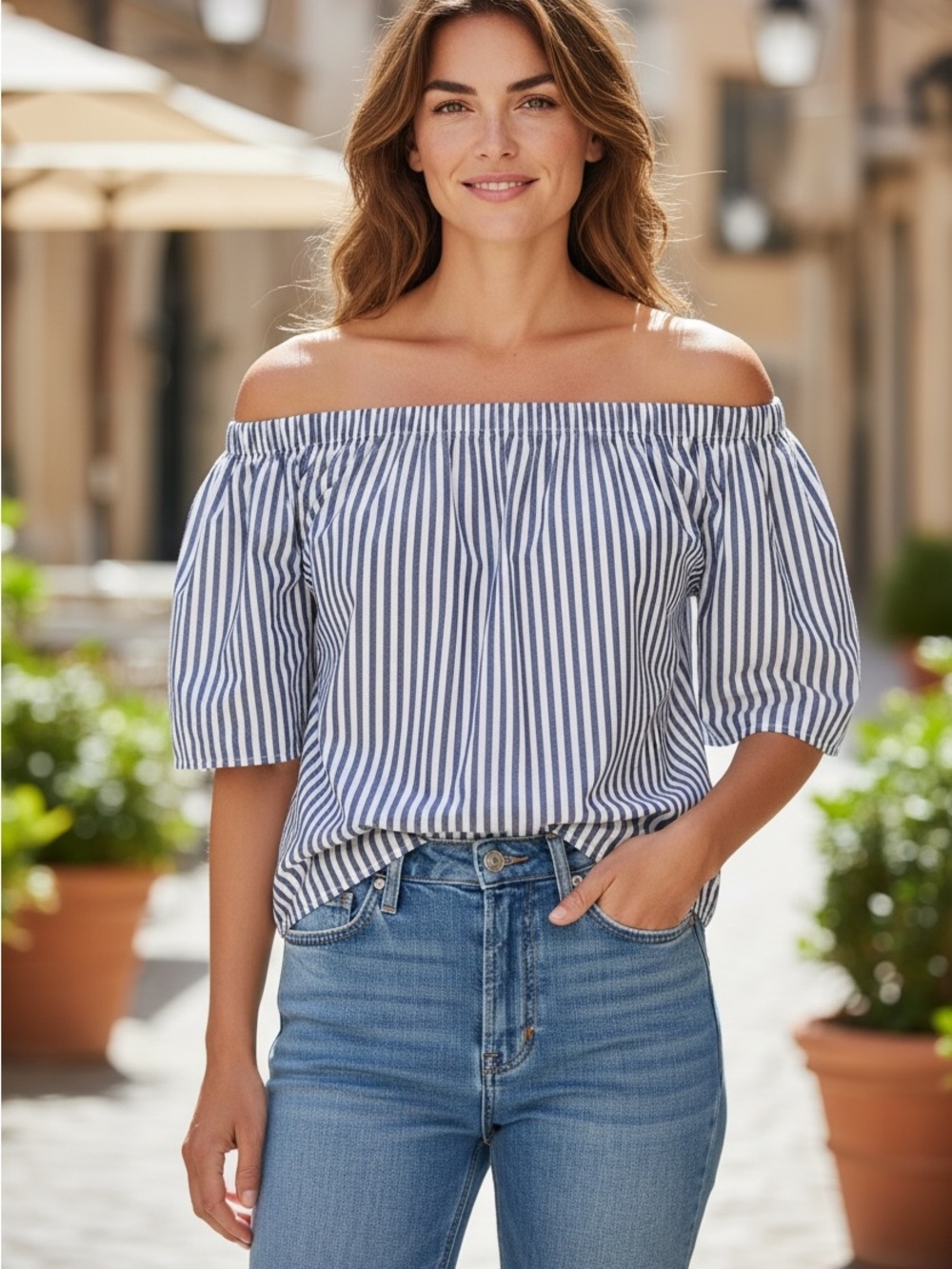 Style Envy Blue and White Striped Off-Shoulder Blouse